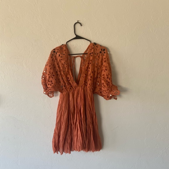 Free People orange eyelet mini dress S - Picture 4 of 10